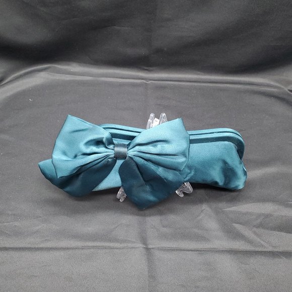NWOT Kate Landry Turquoise  Satin Clutch Purse with Bow and strap - Picture 2 of 9